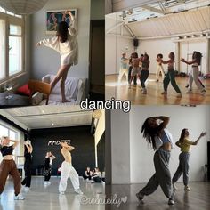 several pictures of people doing various dances in a room with windows and wood flooring