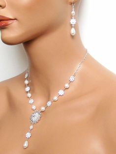 Emma Bridal Necklace Pearl Drop Wedding by AuroraJewelryBox, $110.00 White Rhinestone Bridal Necklace For Anniversary, White Gold Rhinestone Jewelry For Wedding, White Sparkling Stones Jewelry Set For Wedding, White Wedding Jewelry Sets With Sparkling Stones, White Rhinestone Bridal Jewelry, White Crystal Embellished Jewelry For Anniversary, White Crystal Embellished Bridal Necklace, White Crystal Embellished Bridal Necklace For Wedding, Elegant White Crystal Backdrop Necklace