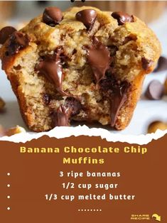 a chocolate chip muffin on top of a white plate with the words banana chocolate chip muffins