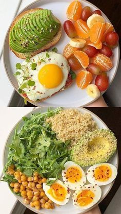 two plates with different types of food on them, one has an avocado and the other has eggs