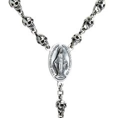 Skull Mary & Jesus Sterling Silver Chain Gothic Necklace New   100% Solid sterling silver, polished.  Necklace Length :  25.5" Inches (64.7 cm)    Drop Length Measure : 6 1/4" inches (16 cm.)  Necklace Weight: Approximately 74 grams.   A 925 hallmark is placed on the clasp’s back;  Jesus pendant measures: 25 mm 42 mm (1.0” x 1.60”)   The new addition to our men’s jewelry collection is the true epitome of Gothic. This Skull Jesus Sterling Silver Chain Gothic Necklace carries some of the much-love Gothic Nature, S Jewelry, Gothic Necklace, Mary And Jesus, Precious Metal, Sterling Silver Chain, Accessories Unique, Necklace Length, Sterling Silver Chains