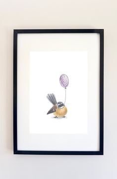 a bird flying with a balloon attached to it's back in front of a white wall