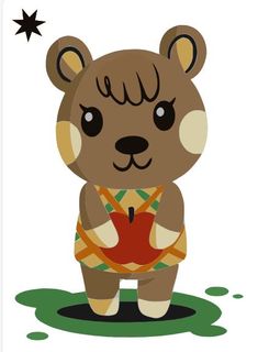 a brown bear with an apple in its hand and some stars on the other side