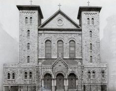 an old photo of a church with two towers