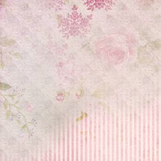 a pink and white wallpaper with flowers on the bottom right corner, striped background