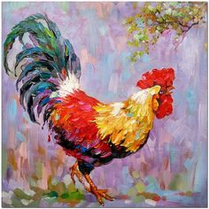 a painting of a rooster on a purple background