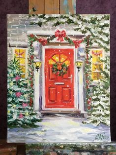 a painting of a red door with christmas decorations