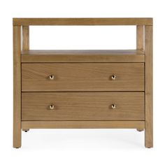 a wooden nightstand with two drawers and one drawer on the top, against a white background