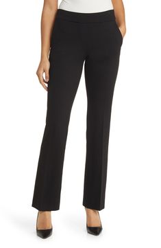 Take on the work week in these stretch-enhanced pants designed with functional pockets. Pull-on style Side pockets 67% viscose, 29% nylon, 4% elastane Dry clean Imported Tailored Work Pants With Pockets, Mid-rise Dress Pants With Pockets For Business Casual, Mid-rise Business Casual Dress Pants With Pockets, Mid-rise Dress Pants For Business Casual With Pockets, Mid-rise Dress Pants For Business Casual, Stretch Solid Work Pants For Business Casual, Stretch Solid Color Work Pants For Business Casual, Office Bottoms With Side Pockets, Solid 4-way Stretch Bottoms For Workwear