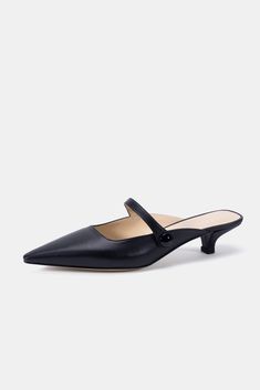 Kitten heel pointy toe mule in black Sleek Almond Toe Mules With 4-inch Heel, Pointed Toe Mules With 4-inch Heel For Work, Sleek Pointed Toe Mules For Business, Sleek Closed Toe Mules With Padded Heel, Sleek Pointed Toe Mules With Deep Heel Cup, Sleek Office Mules With Contrasting Heel, Sleek Evening Mules With Sculpted Heel, Sleek Office Mules With Contrasting Heel Counter, Sleek Formal Mules With Closed Toe