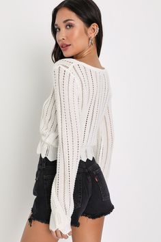 The Lulus Casual Concept White Knit Drawstring Cropped Sweater Top is your new go-to for those in-between breezy spring days! Cotton-blend medium-gauge open knit shapes this sweater top that has a V-neckline and long bell sleeves with scalloped cuffs. The cropped bodice has a drawstring tie that can be cinched to create a peplum hem. Fit: This garment fits true to size. Length: Size medium measures 19" from shoulder to hem. Bust: Great for any cup size. Waist: Not Fitted - comfortable room throu Jocelyn Chew, Engagement Session Outfits, Lulu Fashion, Comfortable Room, Peplum Hem, Open Knit, Cup Size, Shoes For Women, Trending Now