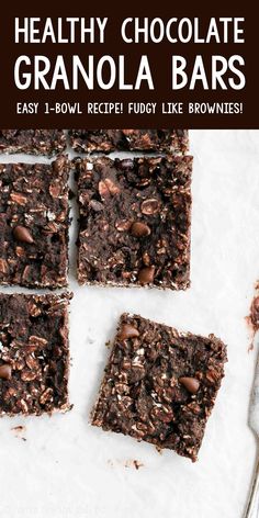 healthy chocolate granola bars with text overlay that says easy, low - sugary brownies