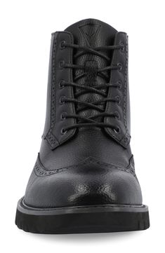 Elevate your work-to-weekend look in this refined faux-leather boot updated by a brogue-detailed wingtip and a heavily lugged sole. 5" shaft Synthetic upper/textile lining/rubber sole Imported Lace-up Work Boots With Vibram Sole In Oiled Leather, Black Fade-resistant Leather Work Boots, Rugged Black Lace-up Boots With Rubber Sole, Black Gore-tex Boots With Reinforced Toe, Black Leather Lace-up Boots With Vibram Sole, Wingtip Boots, Faux Leather Boots, Boots Men, Faux Leather