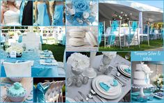 several pictures of tables and chairs decorated for a wedding or special event with blue flowers