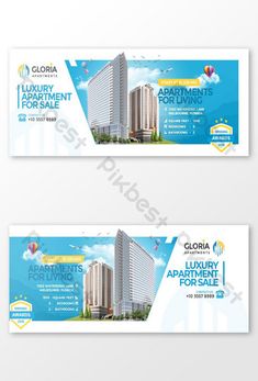 two banners with buildings and balloons in the sky for an apartment sale or rental event