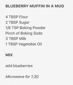 the ingredients for blueberry muffin in a mug on a white background with text