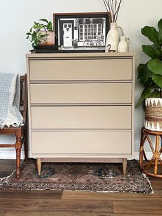 a chest of drawers sitting on top of a wooden floor next to a potted plant