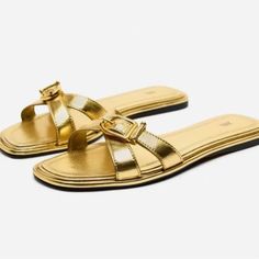 Never Worn. Brand New With Tags. Limited Edition Gold Color Gold Flat Heel Sandals With Buckle Closure, Casual Gold Sandals With Buckle Closure, Chic Gold Zara Sandals, Trendy Gold Leather Sandals, Zara Gold Sandals For Beach, Chic Gold Sandals For Summer, Zara Gold Sandals For Spring, Chic Flat Sandals By Zara, Gold Flat Heel Summer Sandals