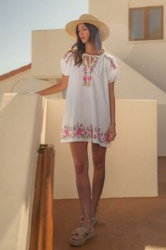 Bonita Mini Dress Spring Floral Embroidered Short Sleeve Dress, Short Sleeve Spring Dresses With Floral Embroidery, Spring Floral Embroidery Short Sleeve Dress, Summer Embroidered Mini Dress For Garden Party, Embroidered Mini Dress For Summer Garden Party, White Short Sleeve Dresses For Summer Outings, Embroidered Mini Dress For Vacation, Bohemian Puff Sleeve Dress For Vacation, Summer Short Sleeve Mini Dress For Brunch