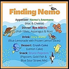 the menu for finding nemo is shown in an orange and black frame with blue water