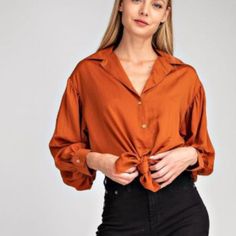 Balling Long Sleeve, Front Tie Knot. Chic Collared Tops For Date Night, Fall Button-up Blouse For Brunch, Elegant Collared Top For Brunch, Versatile Blouse For Fall Brunch, Casual Button-up Top For Date Night, Trendy Fall Shirt For Brunch, Elegant Shirt For Fall Brunch, Fall Button-up Tops For Brunch, Fall V-neck Shirt For Brunch