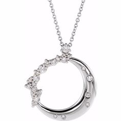 14k White 1/4 Ctw Diamond Crescent Moon 16-18" Necklace Specifications Weight: (3.90 Grams) Clasp Type: Spring Ring Selling Unit Of Measure: Ea Gender: Ladies Total Diamond Carat Weight: 1/4 Ctw Chain Length: 16-18 In Chain Width: 1 Mm Surface Finish: Polished Plating Type: Rhodium-Plated Chain Style: Cable Primary Stone Type: Diamond Diamond Color: G-H Diamond Clarity: I1 Primary Stone Shape: Round Pendant Dimensions: 21.5x19.9 Mm Elegant Diamond Necklace With Moon Charm, Elegant Crescent White Gold Diamond Necklace, Elegant Moon-shaped Diamond Necklace Gift, Elegant Diamond Necklace With Moon Phase Detail, Elegant Diamond Necklace With Moon Phase, Elegant White Gold Necklace With Moon Charm, Silver Crescent Fine Jewelry Necklace, Elegant Diamond Moon Phase Jewelry, Silver Crescent Necklace In Fine Jewelry Style