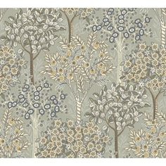 a wallpaper pattern with trees and flowers on grey, blue, yellow and white colors