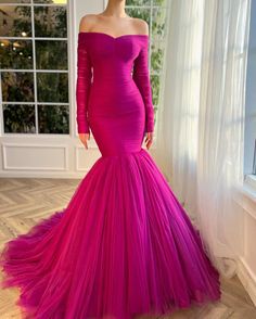 Siren's Spell Dress | Teuta Matoshi Robe Fuchsia, Off Shoulder Tulle, Red Green Dress, Gown Elegant, Mermaid Christmas, Fuchsia Dress, Evening Dresses Online, Cheap Evening Dresses, Long Prom Gowns