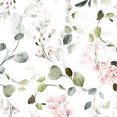 watercolor floral wallpaper with pink and green leaves on white background, perfect for any room in the house