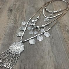 Tribal Plate Necklace +Silver plated Coins +Long String Leather +Ethnic Jewelry Boho Necklaces, Boho Statement Necklace, Western Necklaces, Necklaces Chain, Silver Jewelry Box, Coin Pendant Necklace, Boho Chic Jewelry, Bohol, Western Jewelry