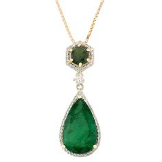 10.00 Carat Natural Emerald Tsavorite 14K Yellow Gold Diamond Necklace Wedding Bride Jewelry, Gold Diamond Necklace, Emerald Necklace, Green Diamond, Yellow Gold Pendants, Green Gemstones, Bride Jewellery, Natural Emerald, Gold Pendant Necklace