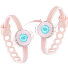 two pink bracelets with blue eyes on them