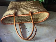 a handbag sitting on the floor next to a potted plant