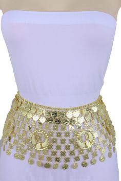 Style : Fashion ethnic style Belly dance look / High waist or HipCondition : Brand NewColor : Gold metal chain links waistband and coin charms Size: One Size Belt Medium - XL Waist Size: About 33" - 45" Belt Width : About 5" dropVery Special Fashionable Belt Brand New Trendy Women Stylish Waistband Spring Summer Collection Ladies Fashion Sexy Belt - day or night classic look or party time Brand new sexy fun and edgy fashion special and unique stylish belt Ladies Fashion Fancy Casual / Dressy Sty Fancy Casual, Casual Dressy, Chain Links, Metal Chain Link, Ethnic Style, Dressy Casual, Wide Waistband, Ladies Fashion, Ethnic Fashion