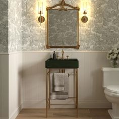 a white toilet sitting next to a bathroom sink under a mirror above a green sink