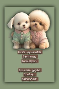 two small dogs sitting next to each other on top of a green background with words in thai