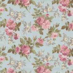 a blue floral wallpaper with pink and white flowers on the bottom half of it