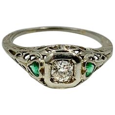 Art Deco Emerald Heart Diamond Wedding Engagement Ring 18 Karat White Gold Art Nouveau Engagement Ring, Romantic Wedding Rings, Art Deco Emerald, Edwardian Engagement Ring, Emerald Wedding Rings, Gold For Sale, Emerald Wedding, Heart Motif, Stacking Ring Set