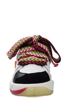 Wide woven laces play up the exaggerated proportions of a chunky-soled sneaker that's sure to be a street-style standout. Lace-up style Leather upper and lining/rubber sole Imported White Textile Chunky Lace-up Sneakers, Urban Multicolor Lace-up Sneakers, Low-top Chunky Sneakers With Elastic Laces For Streetwear, White Chunky Sneakers With Elastic Laces For Streetwear, Multicolor Platform Sneakers For Sports With Laces, Multicolor Platform Sneakers For Sports, Trendy Multicolor High-top Sneakers With Laces, Modern High-top Sneakers With Elastic Laces For Streetwear, Trendy Multicolor High-top Sneakers