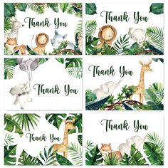 four thank cards with jungle animals and leaves