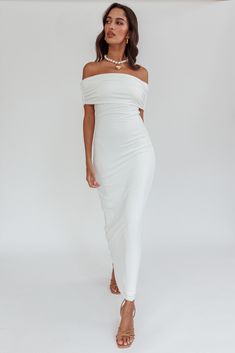 Cruising Sunset Off Shoulder Dress Off White by Selfie Leslie Off The Shoulder Casual Wedding Dress, Maxi Dress Strapless, White Off Shoulder Dress, Romantic Date Night, Romantic Date, Future Apartment, Split Maxi Dress, Iron Material, Invisible Zip