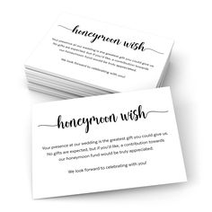 two business cards with the words honeymoon wish written in black ink on white paper,