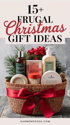 a basket filled with christmas gifts on top of a wooden table and the words, 15 + frugal christmas gift ideas