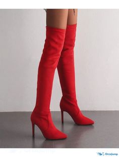 OrcaJump - Womens Over The Knee Boots Stiletto Heel Pointed Toe Daily Work PU Solid Colored Almond Black Red Red High Heel Winter Boots, Red High Ankle Heeled Boots For Winter, Red High Ankle Heels For Winter, Red High Heeled Boots For Winter, Fitted Ankle Strap Boots For Fall, Red Pointed Toe Heels For Fall, Winter Heeled Boots With Red Sole And Pointed Toe, Casual Red High Ankle Heeled Boots, Elegant Red Heeled Boots For Spring