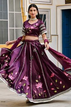 Purple lehenga with all over lotus bloom prints, elevated with gota patti embroidery. Paired with a coordinating blouse with gota patti panels on sleeves and dupatta. - Aza Fashions Silk Choli With Digital Print, Silk Digital Print Sharara For Navratri, Silk Sharara With Digital Print For Navratri, Navratri Silk Dress With Digital Print, Digital Print Lehenga For Reception And Navratri, Navratri Reception Lehenga With Digital Print, Silk Digital Print Choli For Navratri, Silk Choli With Digital Print For Navratri, Designer Semi-stitched Lehenga With Digital Print