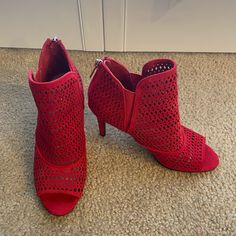 These Are Size 7.5 Unworn Red Heel Peep Toe Booties! They Are Super Comfortable! Red Ankle-high Heels With 4-inch Heel, Peep Toe Booties, Red Heels, Shoes Women Heels, Shoes Heels, Size 7, Women Shoes, Heels, Red