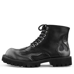 These combat boots have a leather construction with embossed flame designs on the sides. They feature a thick, treaded sole and include a lace-up closure Material: Vegan Leather Run small, please review the sizing information Y2k Outfits Grunge, Aesthetic Clothes Y2k, 90s Outfits, Combat Boots Men, Clothes Y2k, Flame Design, Shoes Store, Aesthetic Shoes, Y2k Outfits