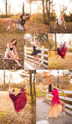 a woman in a red dress is dancing on a white fence and posing for the camera