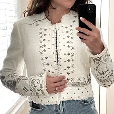 Nwt Elie Tahari "Doris" Embellished Textured-Knit Jacket. White And Silver Round Neckline; Open Front, Size S Long Sleeves. Raw-Edge Trim At Neckline; Cuffs, And Hem. Slim Silhouette. Cropped Under Bust. Cotton/Spandex. Imported. White Embellished Winter Outerwear, Elegant White Embroidered Outerwear, Fitted White Embellished Outerwear, Spring White Embellished Outerwear, Designer White Embroidered Outerwear, Black Quilted Jacket, Jacket Suit, Embellished Jacket, Linen Jacket