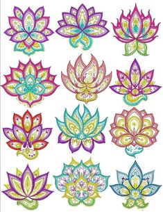 a bunch of colorful flowers that are on a white background and one is drawn in different colors